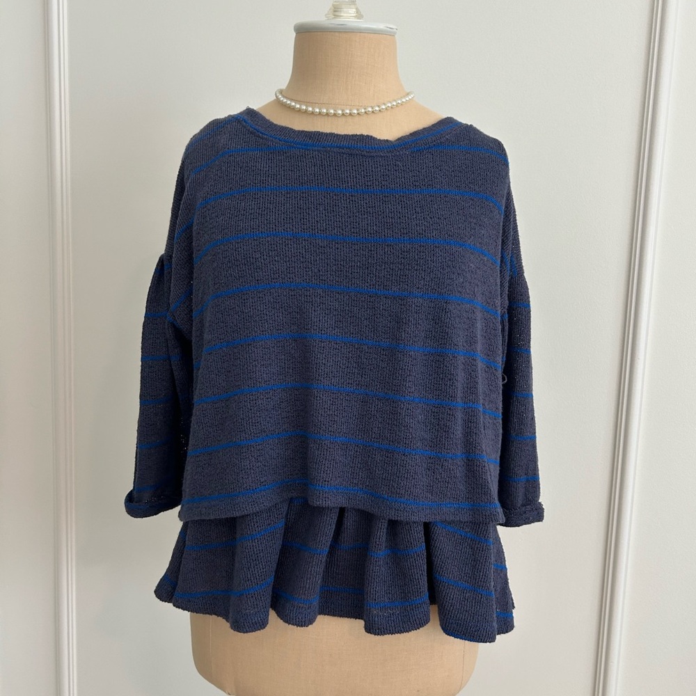 Adorable Anthro Navy/Grey Blue Striped Sweater, peplum, 3/4 length sleeves, GUC